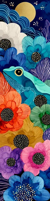 Free printable frog bookmark featuring colorful flowers with hiding frog